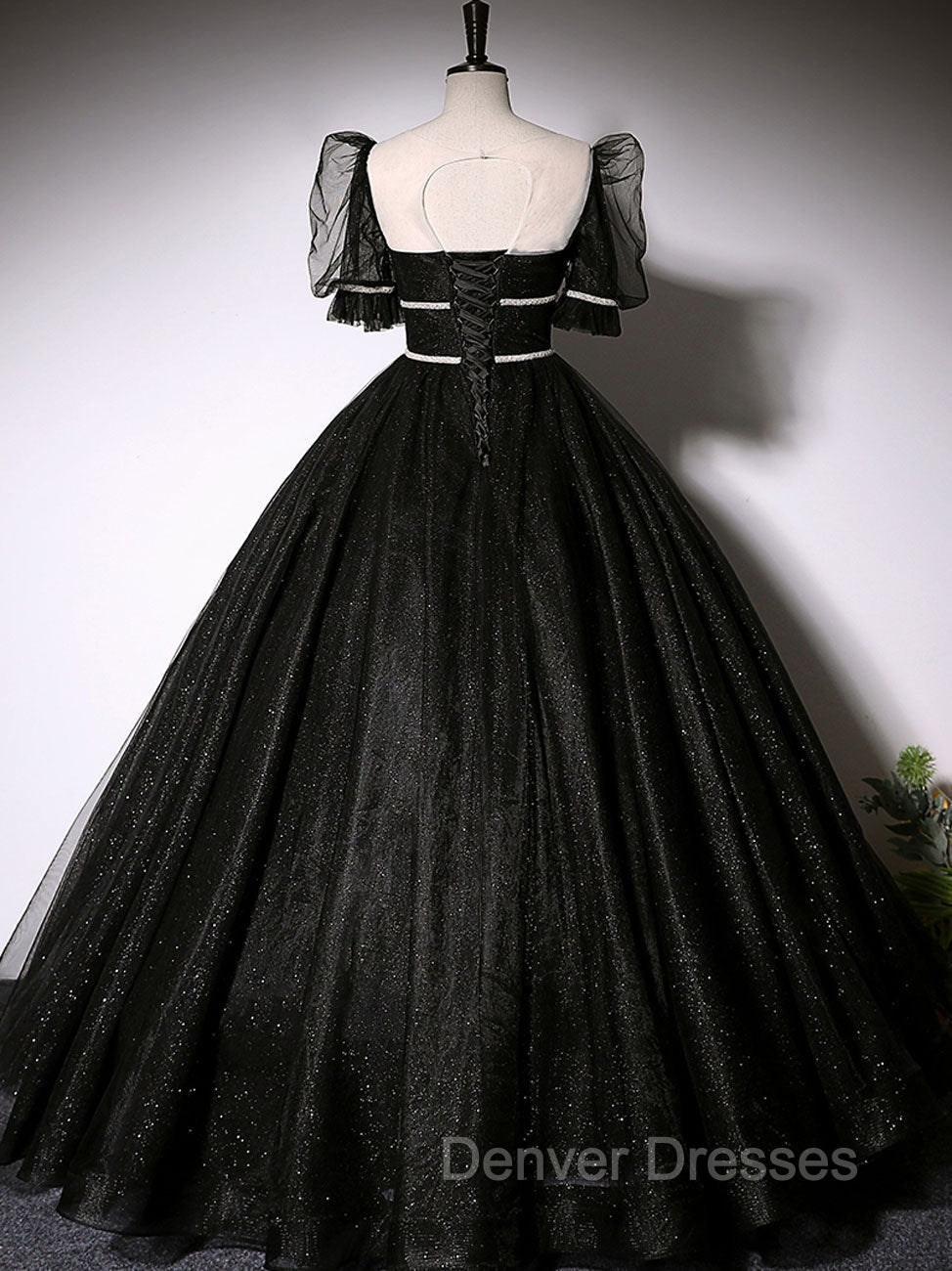 Black Scoop Neckline Long Prom Dress, Shiny Tulle Black Evening Dress