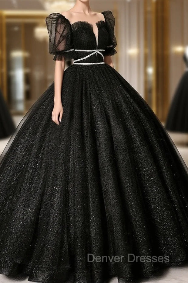 Black Scoop Neckline Long Prom Dress, Shiny Tulle Black Evening Dress