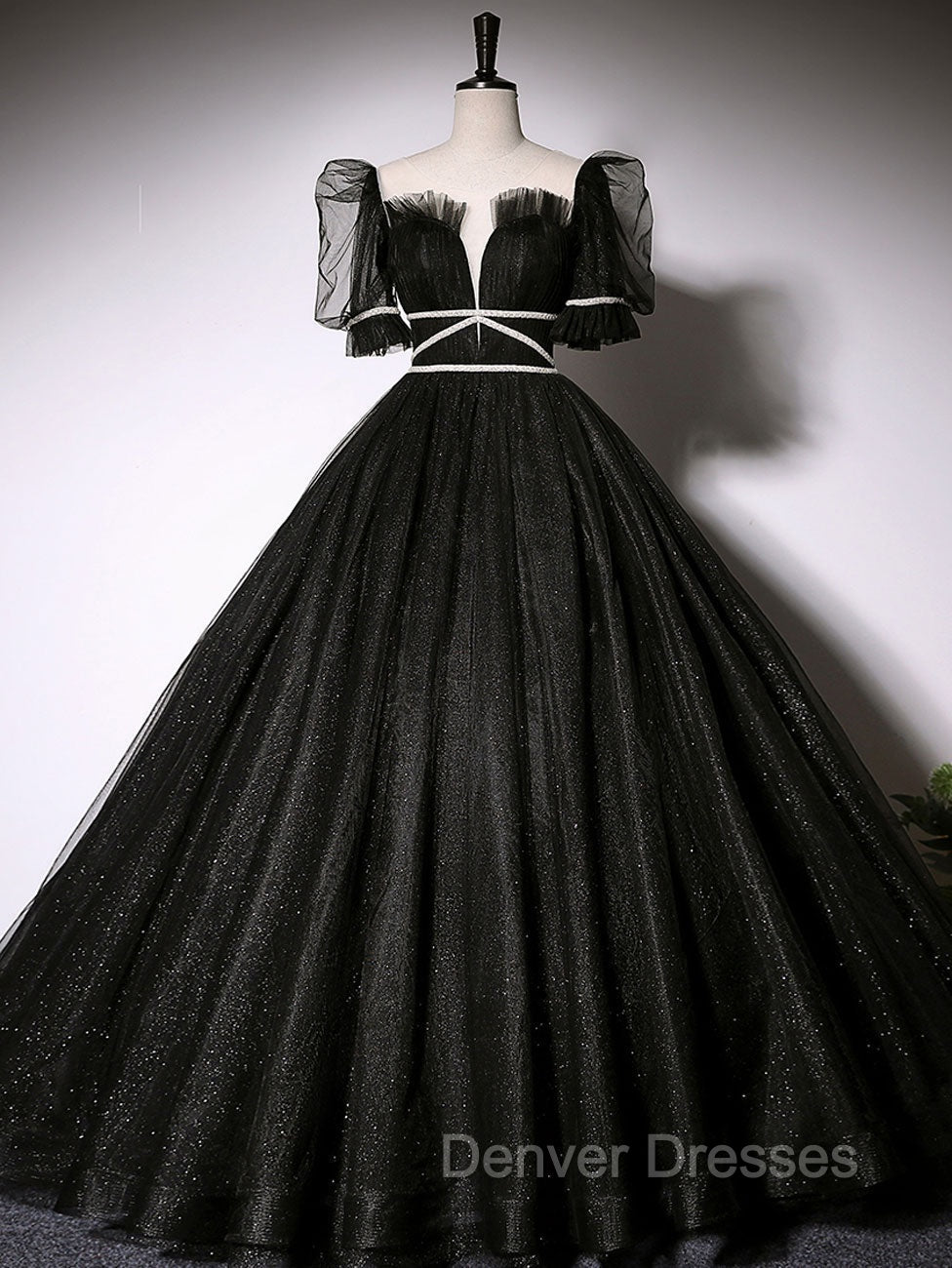 Black Scoop Neckline Long Prom Dress, Shiny Tulle Black Evening Dress Main image
