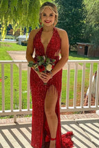 Black Sequin Fringe Halter Long Prom Dress With Slit