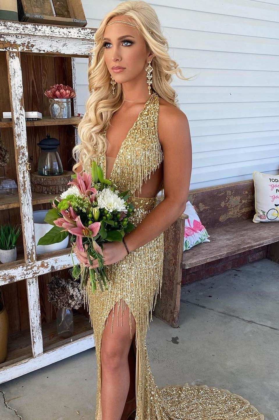 Black Sequin Fringe Halter Long Prom Dress With Slit Main image