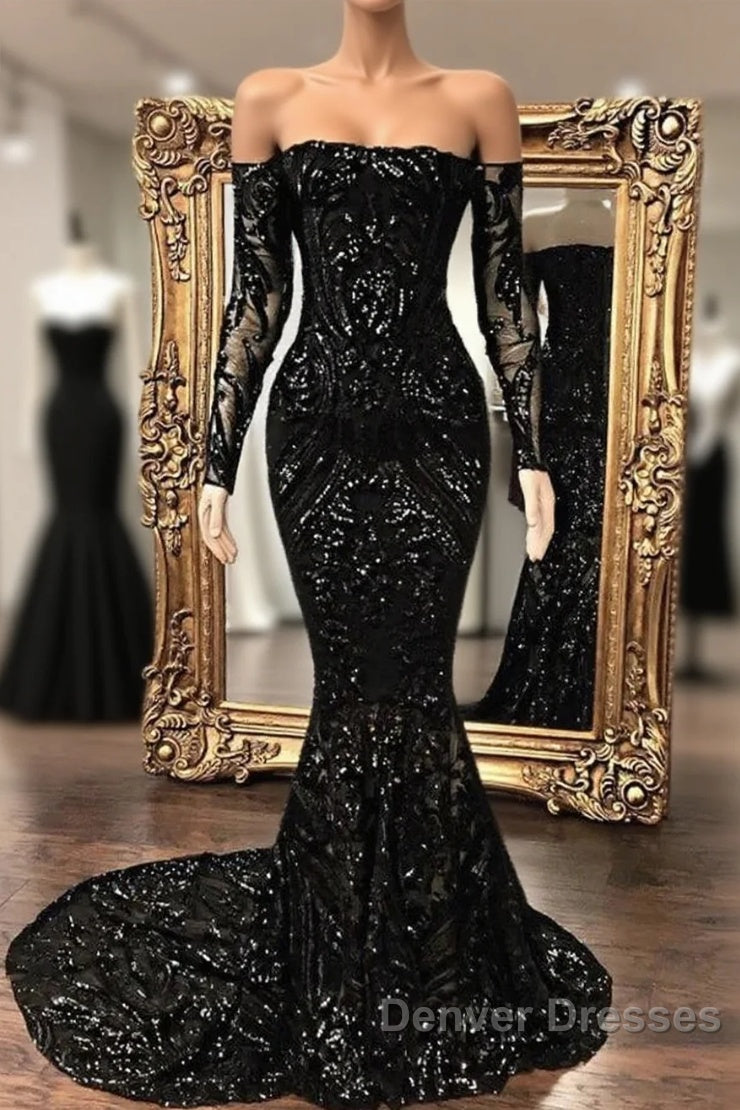 Black Sequin Long Sleeve Mermaid Prom Dress Main image