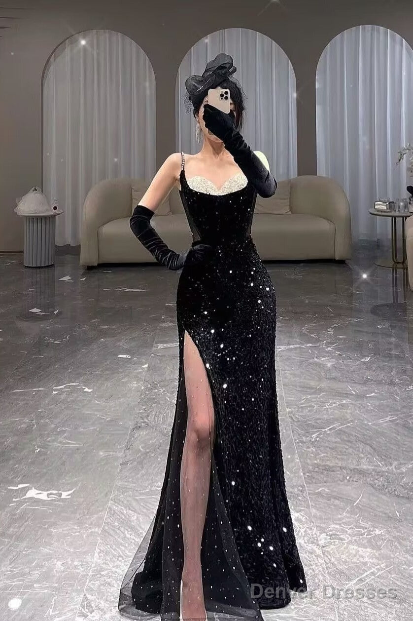 Black Sequin Mermaid Long Prom Dress With Slit Main image