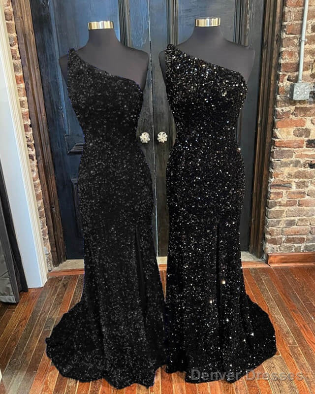 Black Sequin One Shoulder Slit Dress Main image