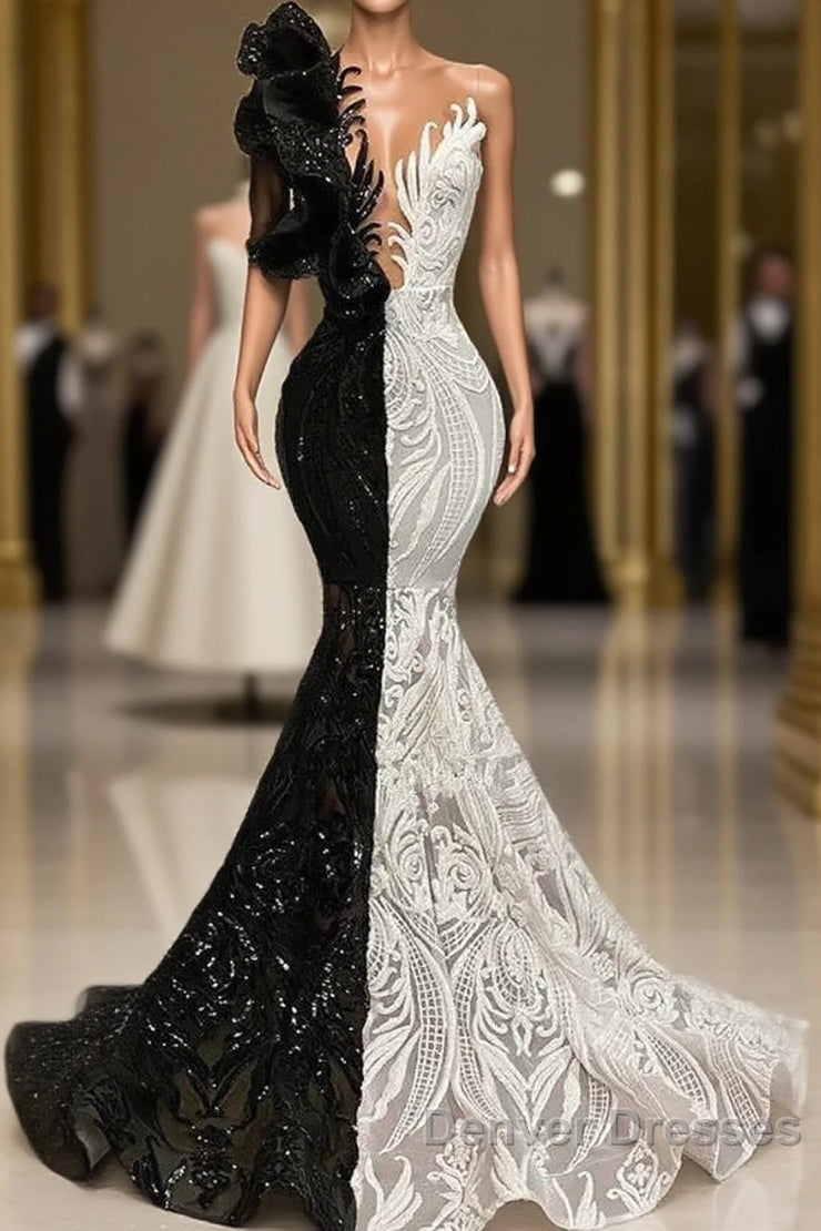 Black Sequin Trumpet Mermaid Long Sleeve Prom Dress