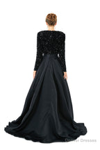 Sequined Satin A Line Front Slit V Neck Full Sleeve Sweep Train Long Prom Dresses
