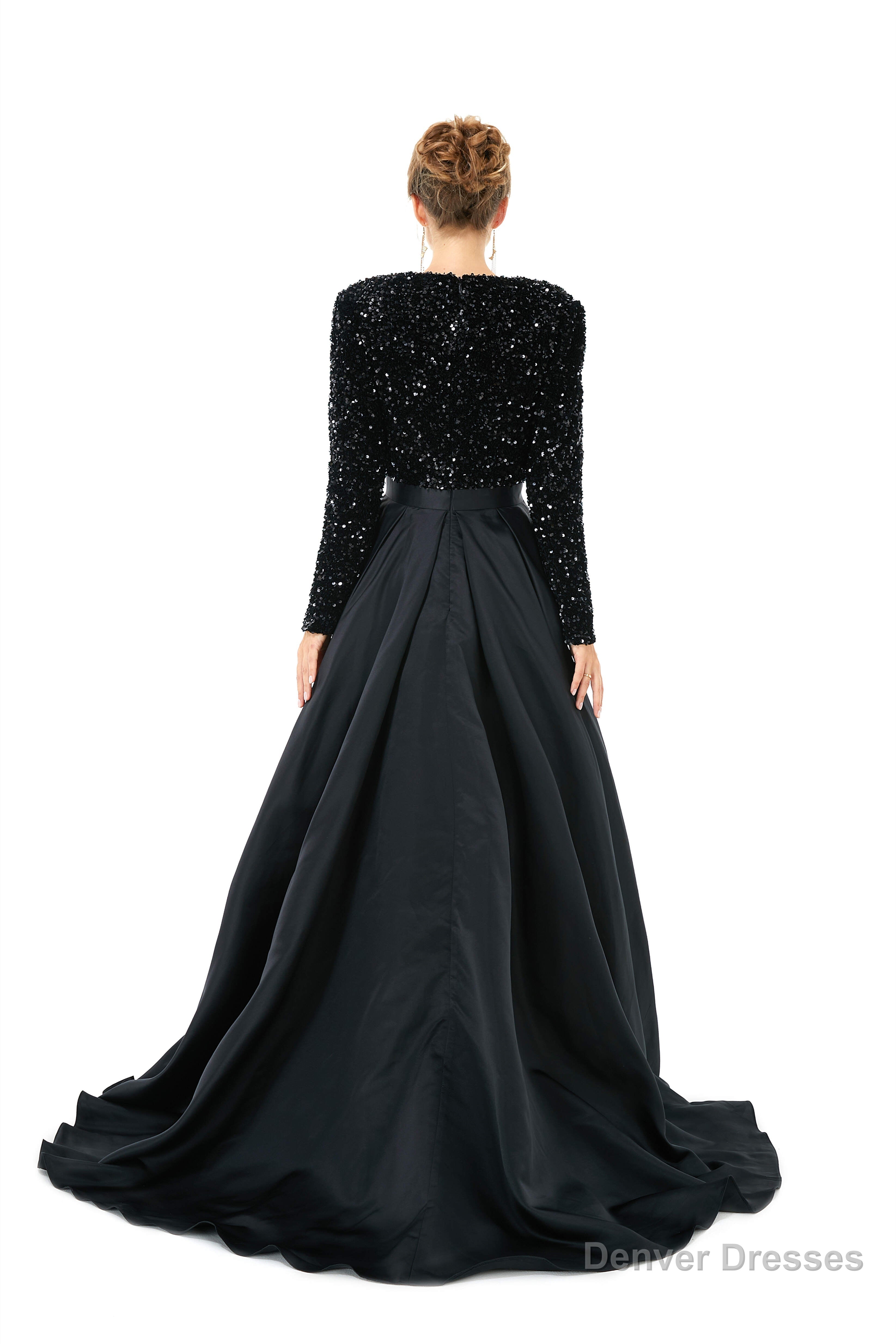 Sequined Satin A Line Front Slit V Neck Full Sleeve Sweep Train Long Prom Dresses