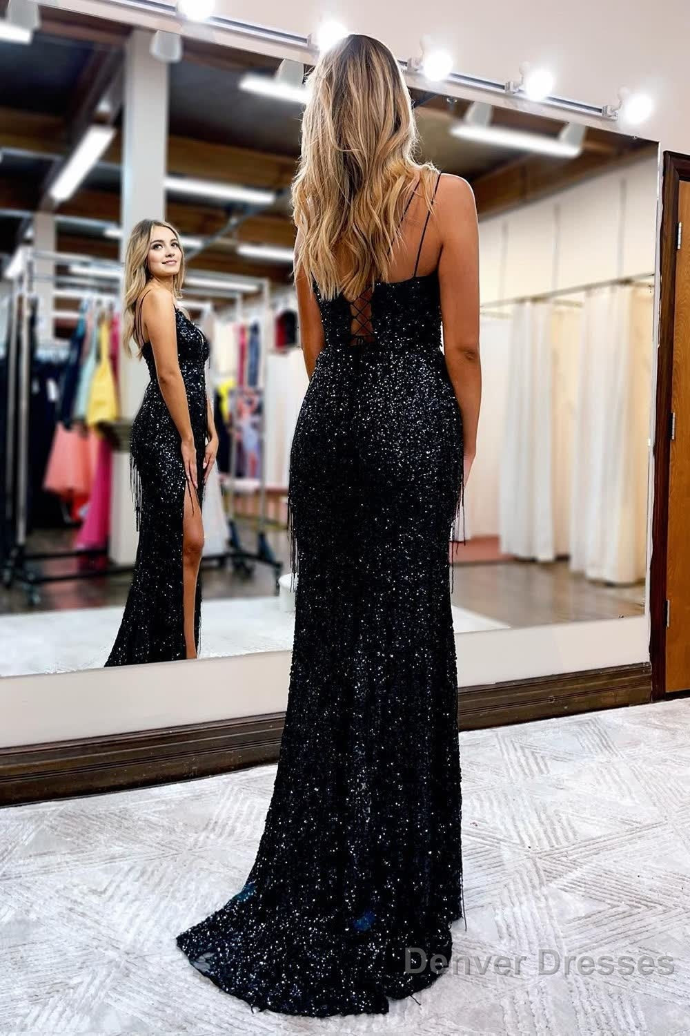 Black Sequined Spaghetti Straps Prom Dress Secondary image