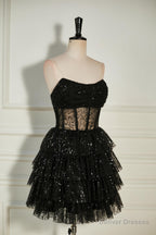 Black Sequined Strapless Multi-Layers Tulle Cocktail Dress