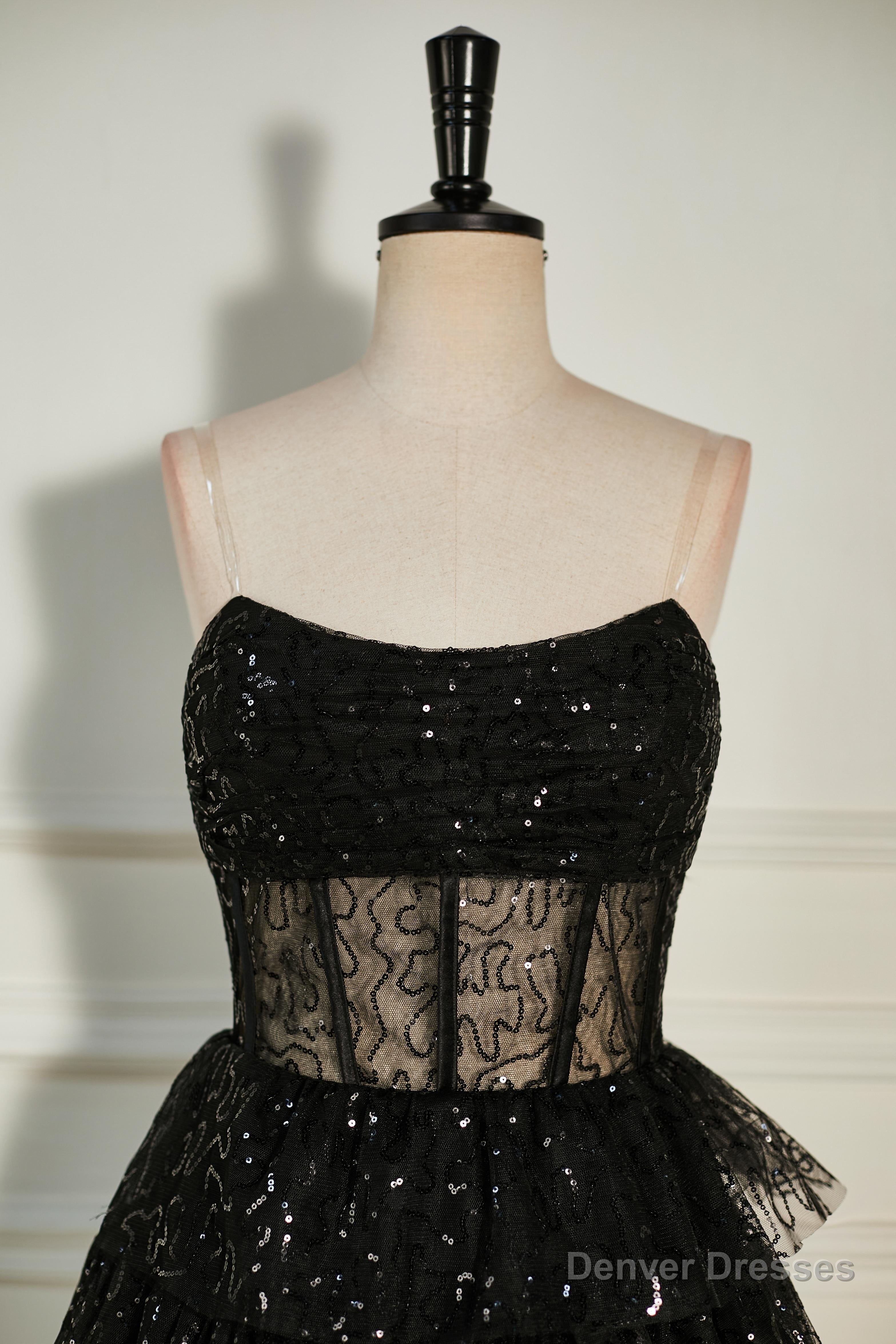 Black Sequined Strapless Multi-Layers Tulle Cocktail Dress