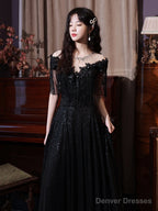 Black Sequins And Lace A-Line Prom Dress, Black Formal Dress Party Dress