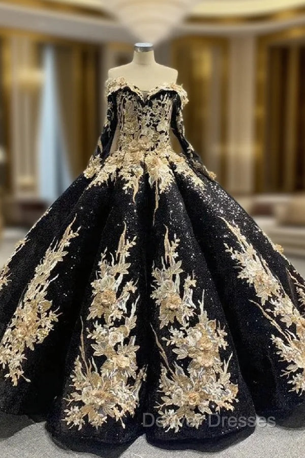 Black Sequins Long Sleeve Appliques Prom Dress Main image