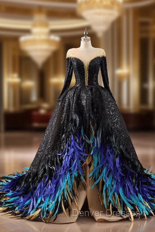 Black Sequins Long Sleeve Feather Prom Dress Main image