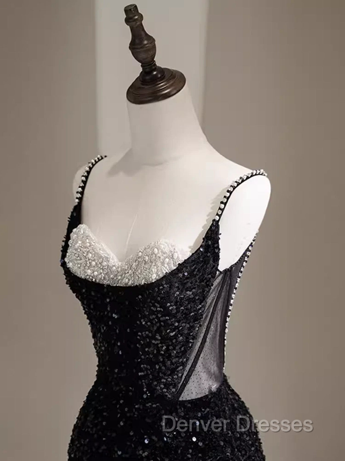 Black Sequins Mermaid Straps Beaded Prom Dress, Black Sequins Party Dress Secondary image