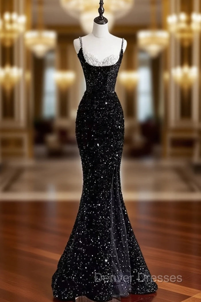 Black Sequins Mermaid Straps Beaded Prom Dress, Black Sequins Party Dress