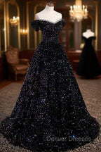 Black Sequins Off Shoulder Beaded Party Dress, A-line Black Formal Dress