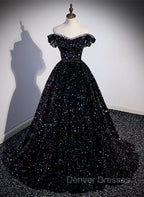 Black Sequins Off Shoulder Beaded Party Dress, A-line Black Formal Dress