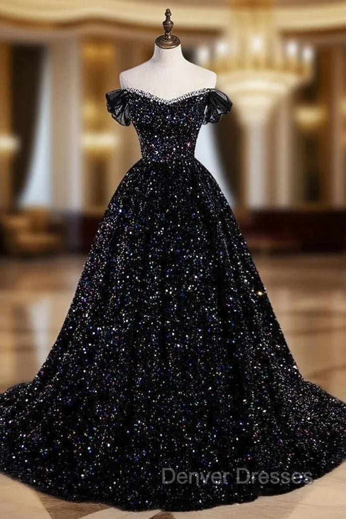 Black Sequins Off the Shoulder Prom Dress Main image