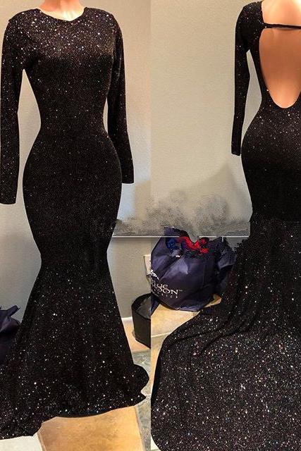 Black Sequins Prom Party Gowns| Long Sleeves Evening Gowns On Sale Secondary image
