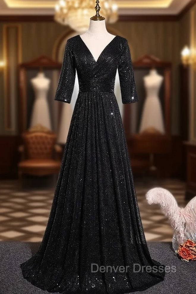 Black Sequins V-neck Short Sleeve Prom Dress Main image