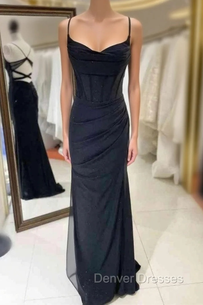 Black Sheath Spaghetti Straps Pleats Prom Dress Main image
