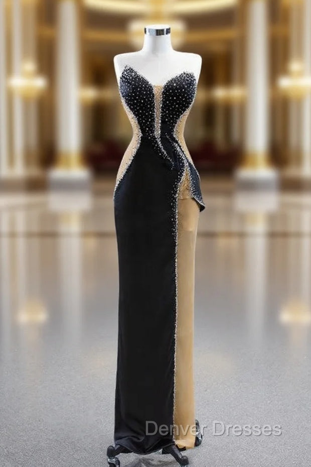 Black Sheath Strapless Beading Prom Dress