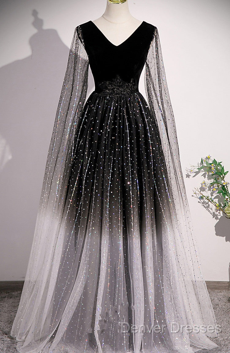 Black Shiny Tulle Gradient Tulle V-Neckline Party Dress, Black Tulle Prom Dress