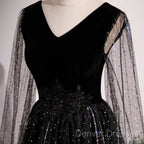 Black Shiny Tulle Gradient Tulle V-Neckline Party Dress, Black Tulle Prom Dress