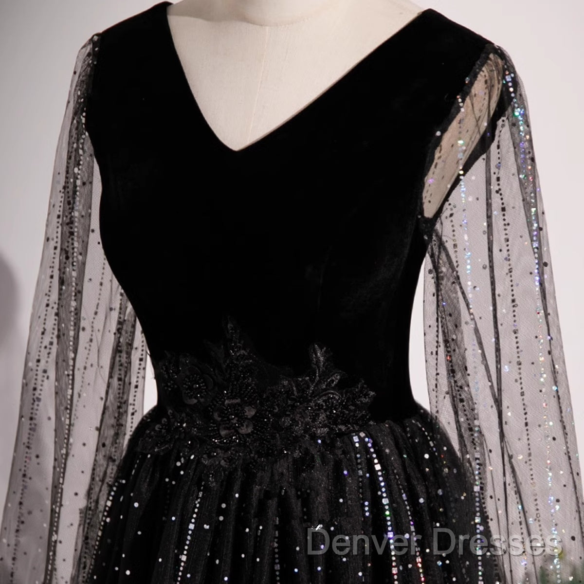 Black Shiny Tulle Gradient Tulle V-Neckline Party Dress, Black Tulle Prom Dress