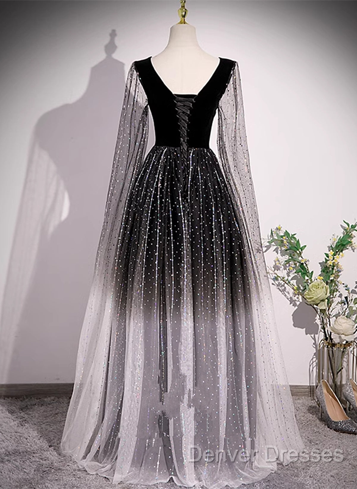 Black Shiny Tulle Gradient Tulle V-Neckline Party Dress, Black Tulle Prom Dress
