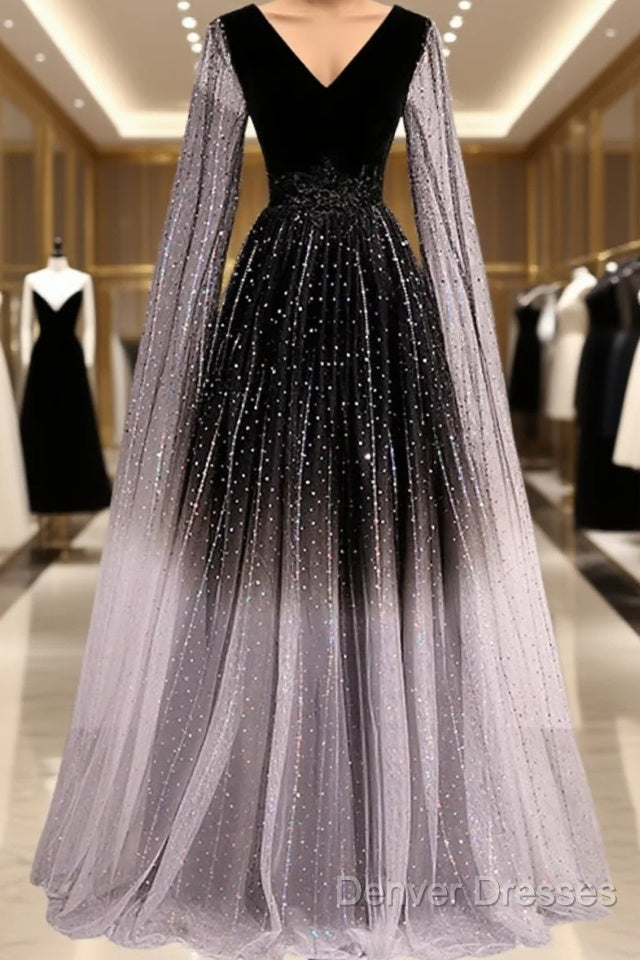 Black Shiny Tulle Gradient Tulle V-Neckline Party Dress, Black Tulle Prom Dress Main image