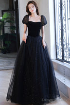 Black Shiny Tulle Long Prom Dress, Black Short Sleeve Evening Dress