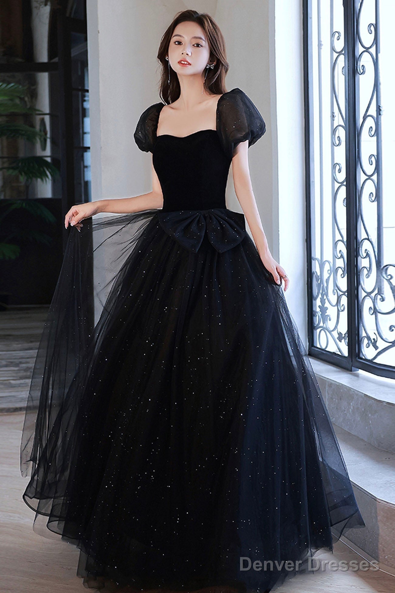 Black Shiny Tulle Long Prom Dress, Black Short Sleeve Evening Dress