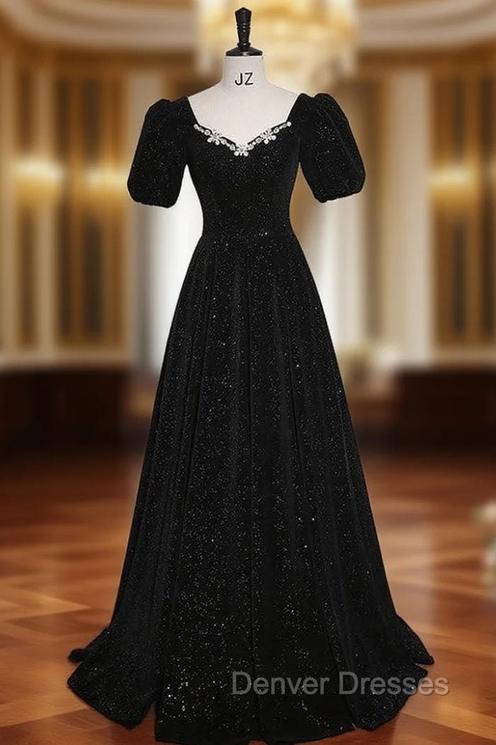 Black Short Sleeve Crystal Prom Dress