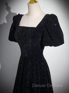 Black Short Sleeves A-line Simple Prom Dress, Black Party Dress Bridesmaid Dress