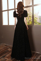 Black Short Sleeves A-Line Velvet Long Prom Dress, Black Evening Dress Party Dress