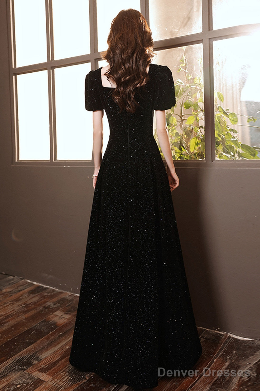 Black Short Sleeves A-Line Velvet Long Prom Dress, Black Evening Dress Party Dress