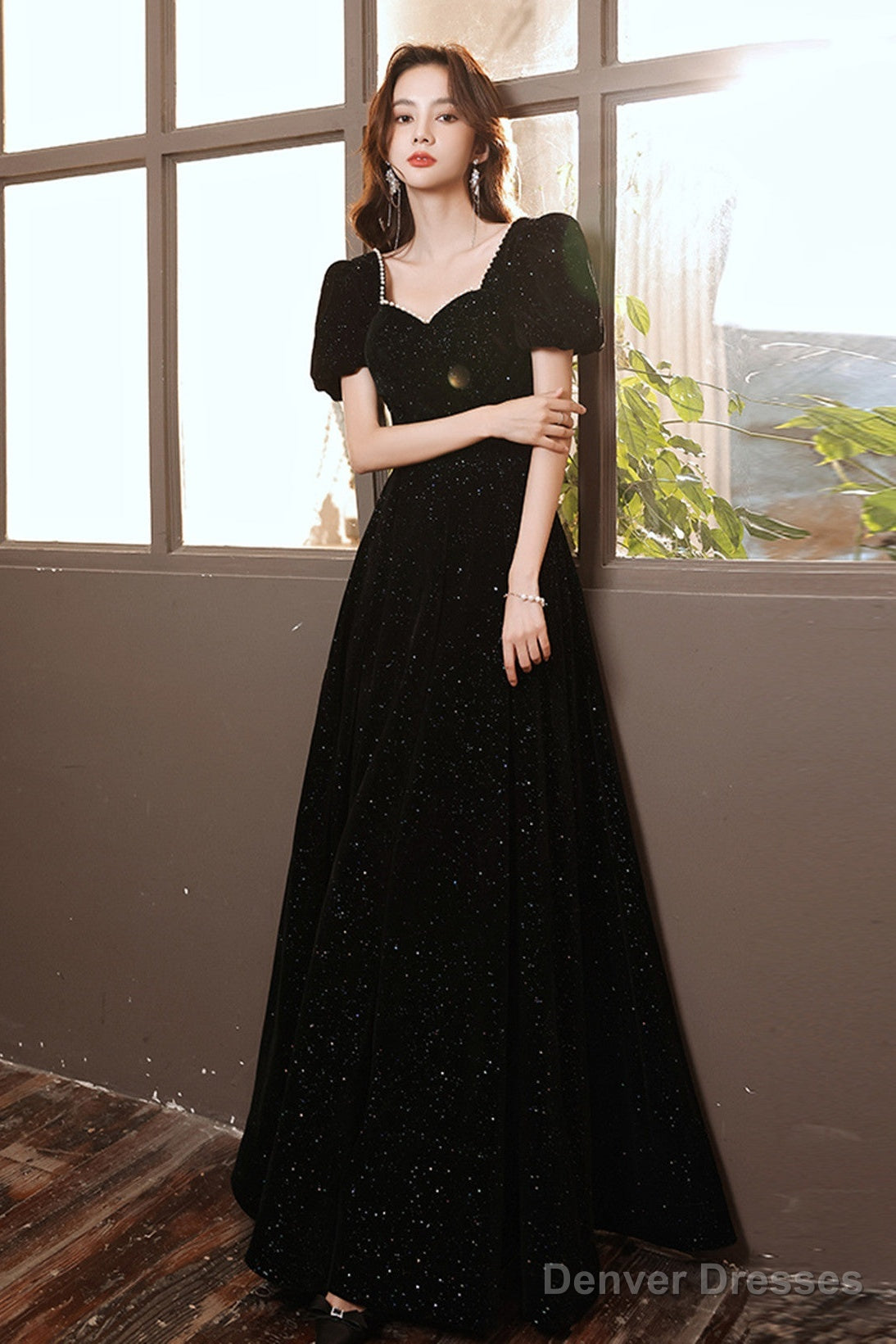 Black Short Sleeves A-Line Velvet Long Prom Dress, Black Evening Dress Party Dress Main image