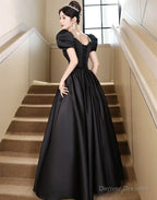 Black Short Sleeves Beaded A-line Satin Prom Dress, Black Satin Party Dress