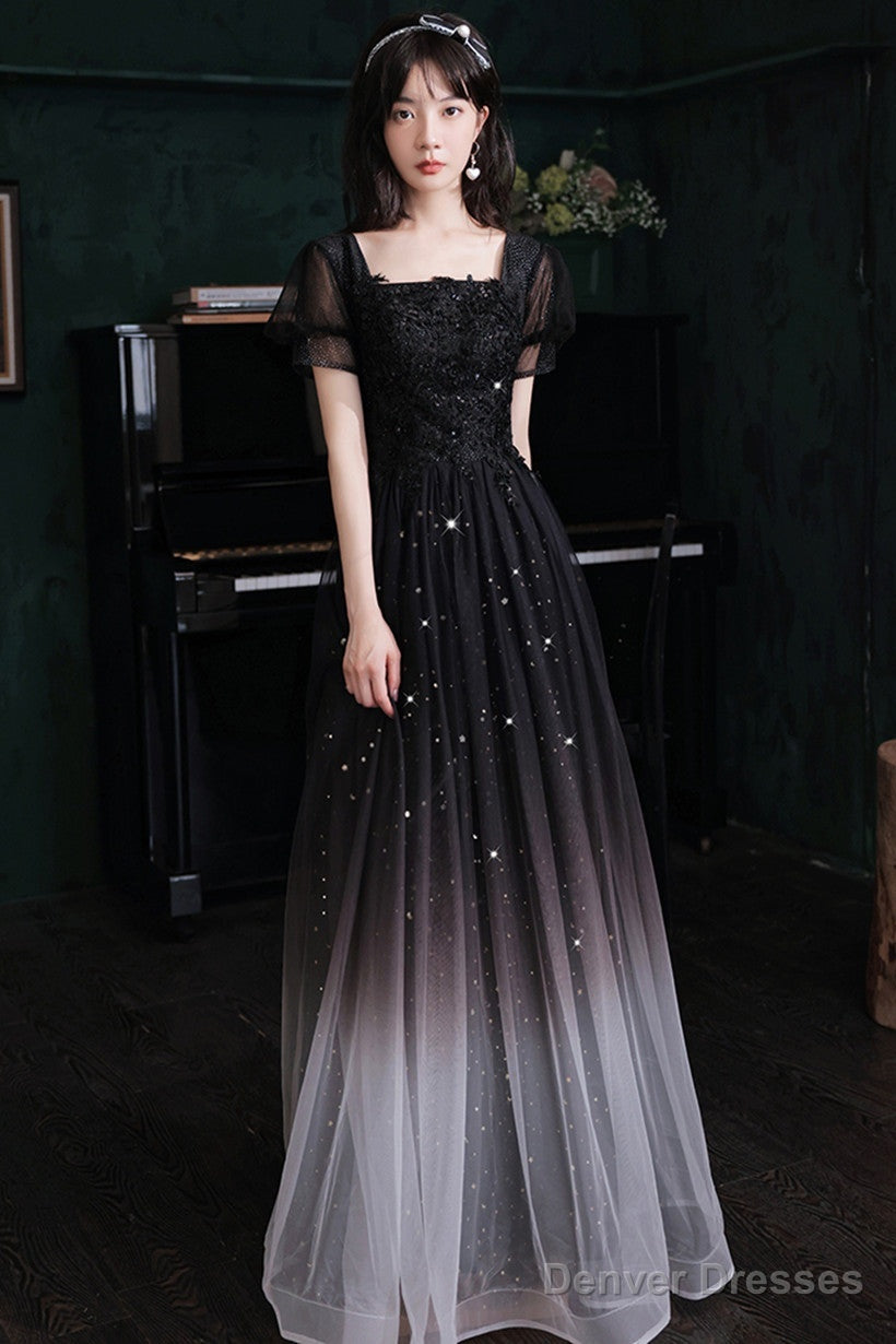 Black Short Sleeves Gradient Tulle With Lace Party Dress, Black A-Line Prom Dress Secondary image