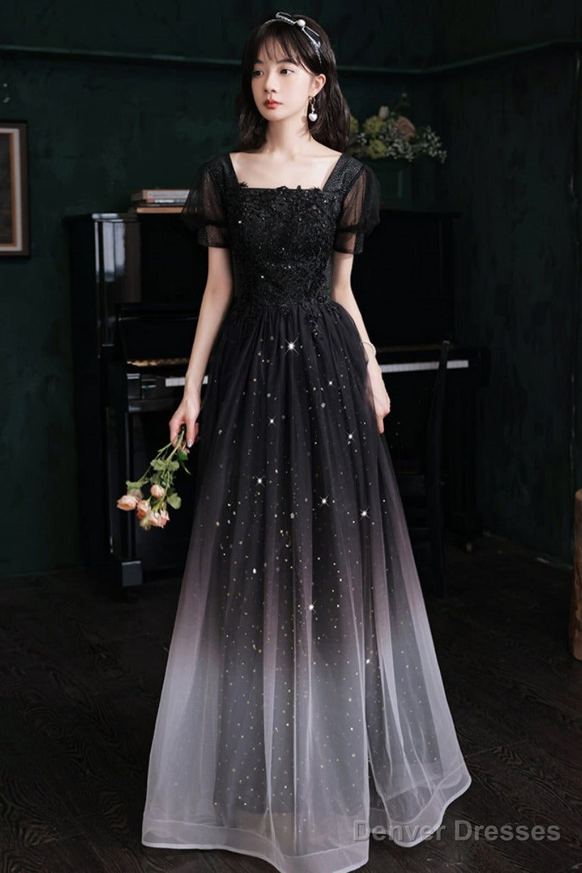 Black Short Sleeves Gradient Tulle With Lace Party Dress, Black A-Line Prom Dress Main image