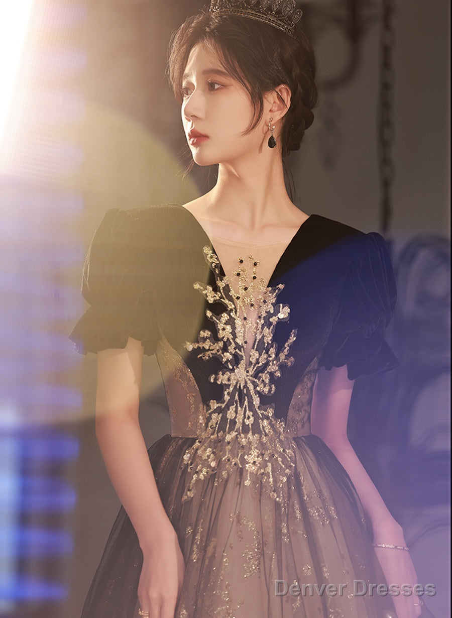 Black Short Sleeves Tulle Long Party Dress With Lace, Black A-Line Prom Dress Secondary image