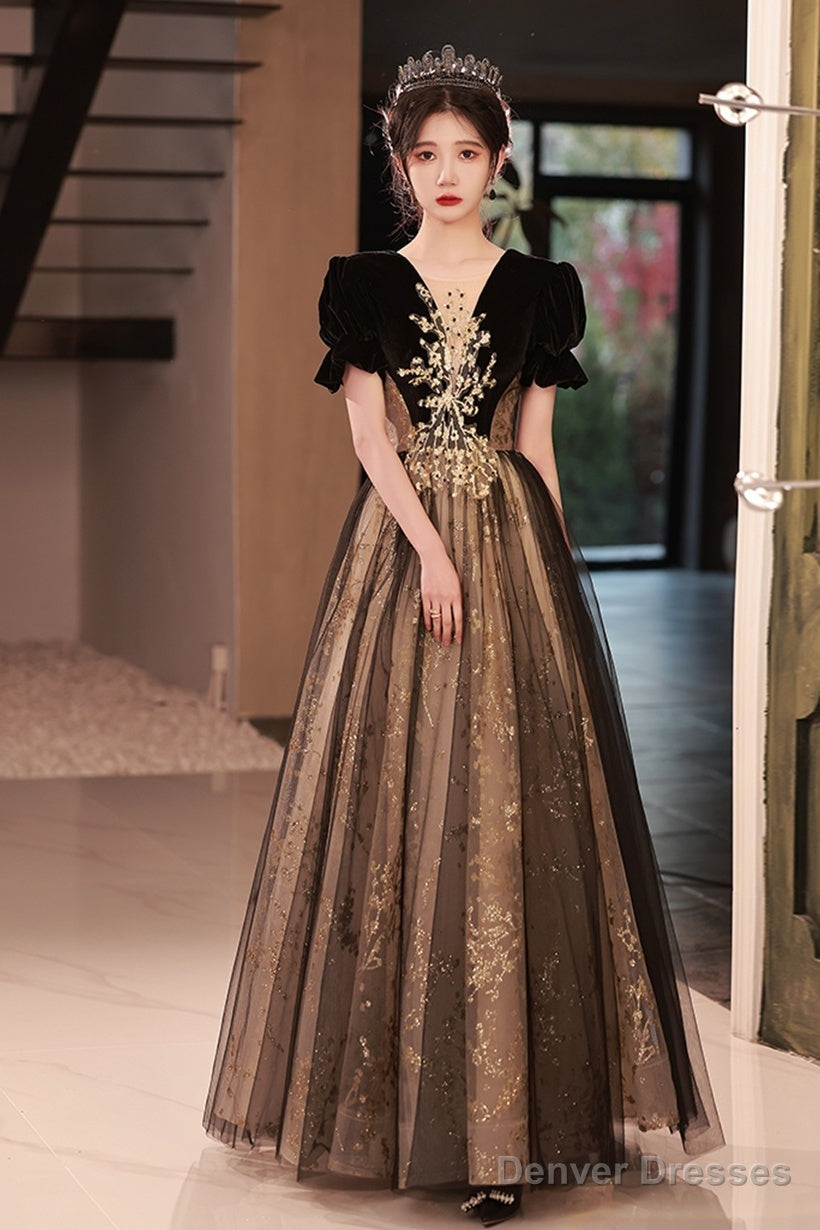 Black Short Sleeves Tulle Long Party Dress With Lace, Black A-Line Prom Dress Main image