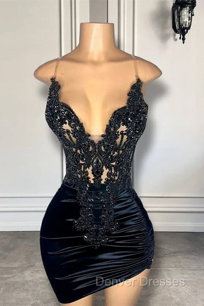 Black Sleeveless Short Prom Dress with Spaghetti Straps and Beadings