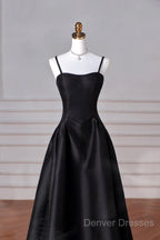 Black Spaghetti Strap Satin Long Prom Dress, A-Line Backless Evening Party Dress