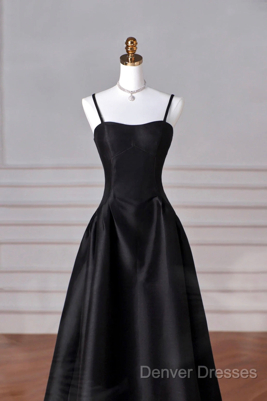 Black Spaghetti Strap Satin Long Prom Dress, A-Line Backless Evening Party Dress