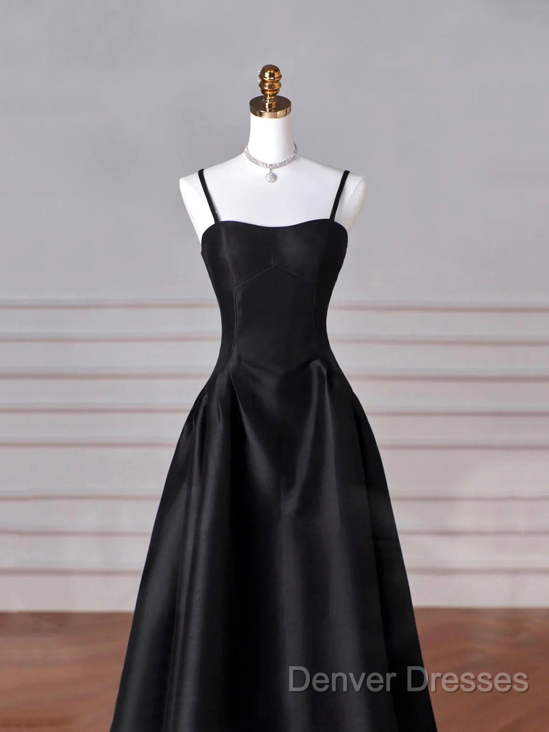 Black Spaghetti Strap Satin Long Prom Dress, Black A-Line Evening Dress Secondary image