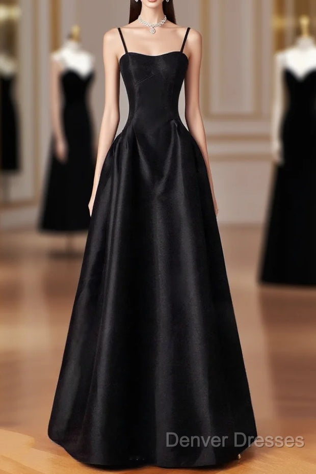 Black Spaghetti Strap Satin Long Prom Dress, Black A-Line Evening Dress Main image