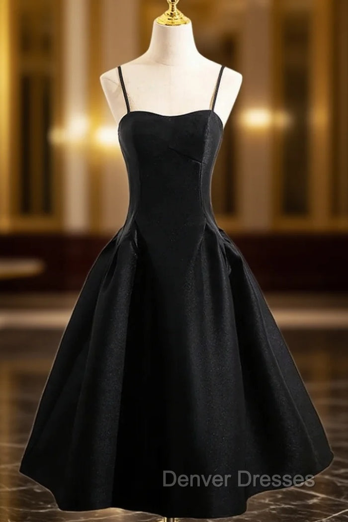 Black Spaghetti Strap Satin Prom Dress Main image