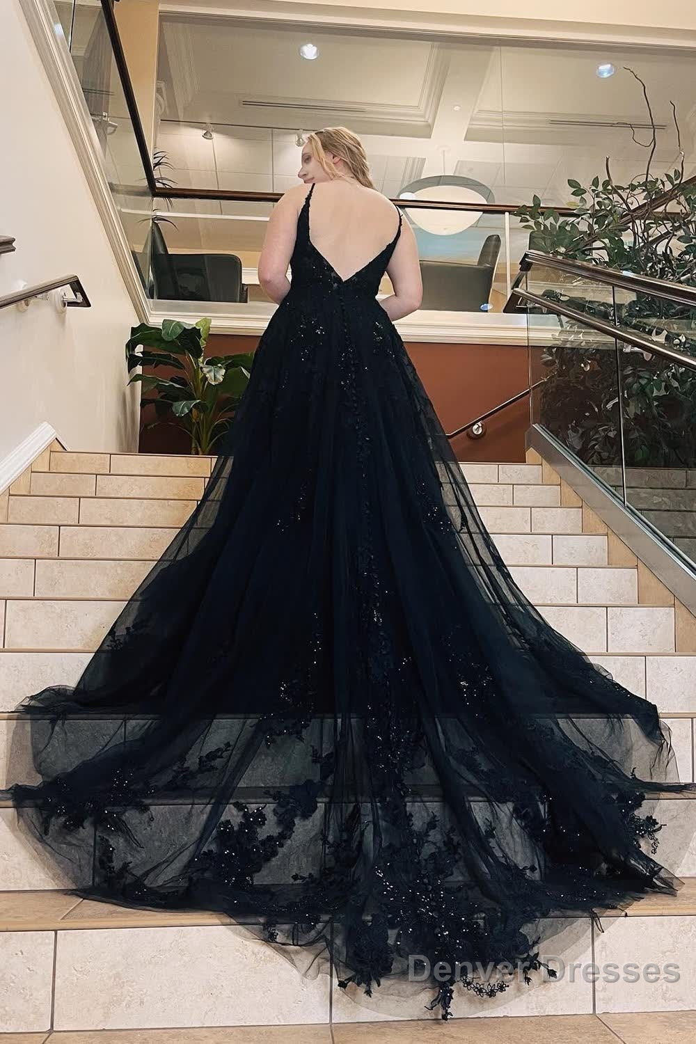 Black Spaghetti Straps A-Line Prom Dress With Appliques Secondary image